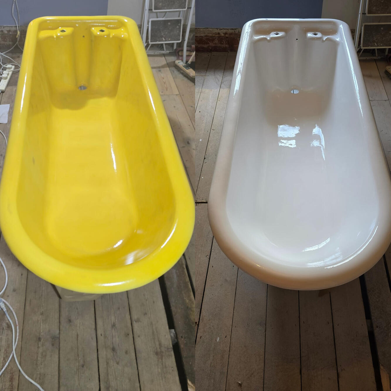 BEFORE AND AFTER PHOTOS OF A CAST IRON ROLL TOP BATH RE-ENAMELLED IN Bristol