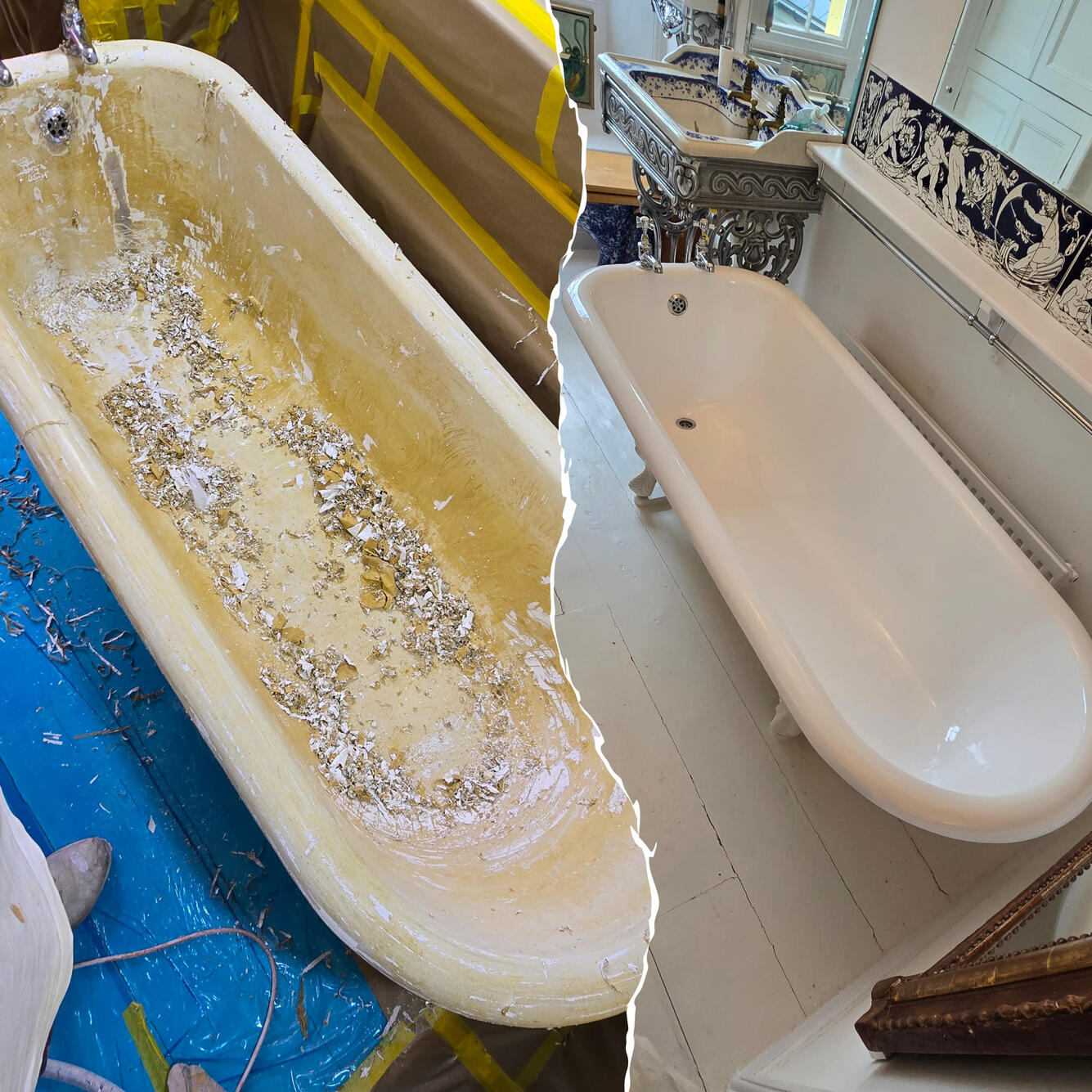 BEFORE AND AFTER PICTURE OF A VICTORIAN CAST IRON ROLL TOP BATH, WAS STRIPPED OF THE OLD ENAMELL AND RESURFACED IN A BRILLIANT WHITE GLOSS IN Bristol