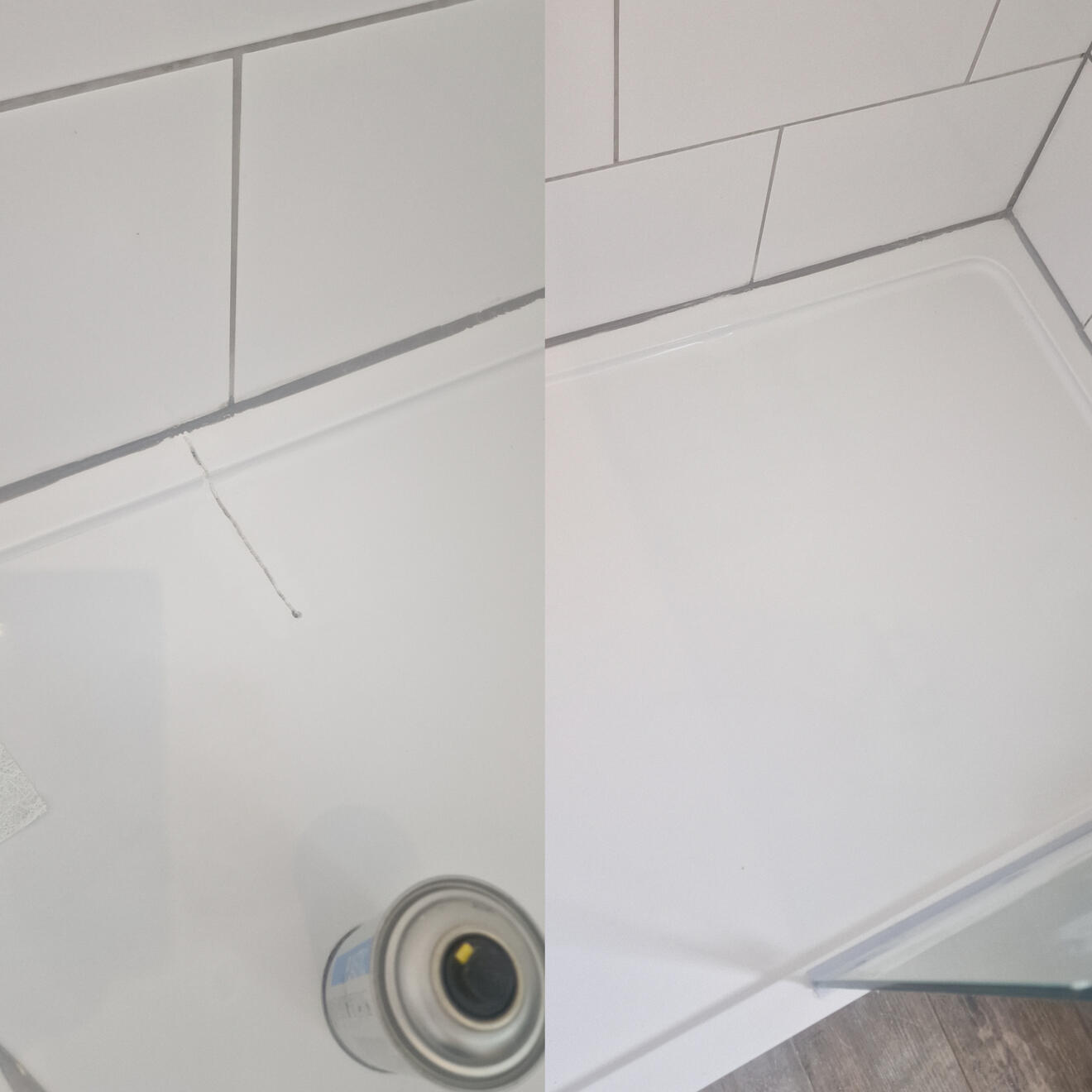 before and after pictures of a stone resin acrylic shower tray crack repair in Bristol