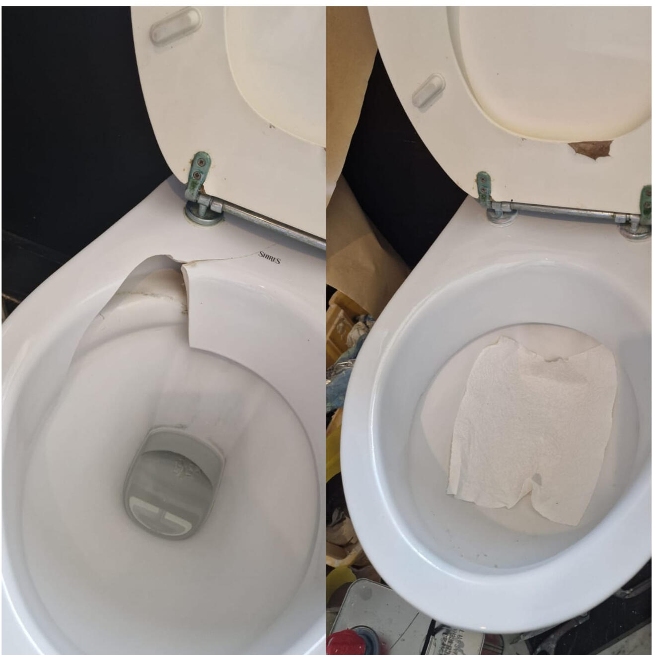 before and after pictures of a ceramic toilet crack repair in Bristol