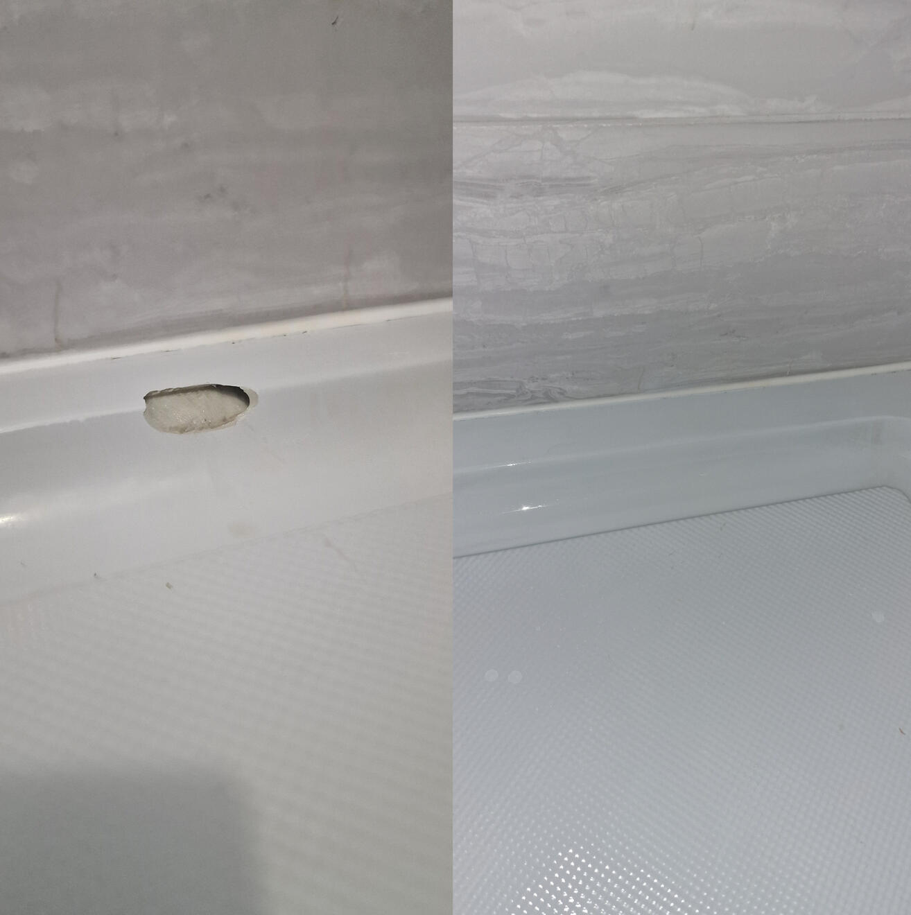 BEFORE AND AFTER PICTURES OF A STONE RESIN SHOWER TRAY CHIP REPAIR IN A BRISTOL HOTEL