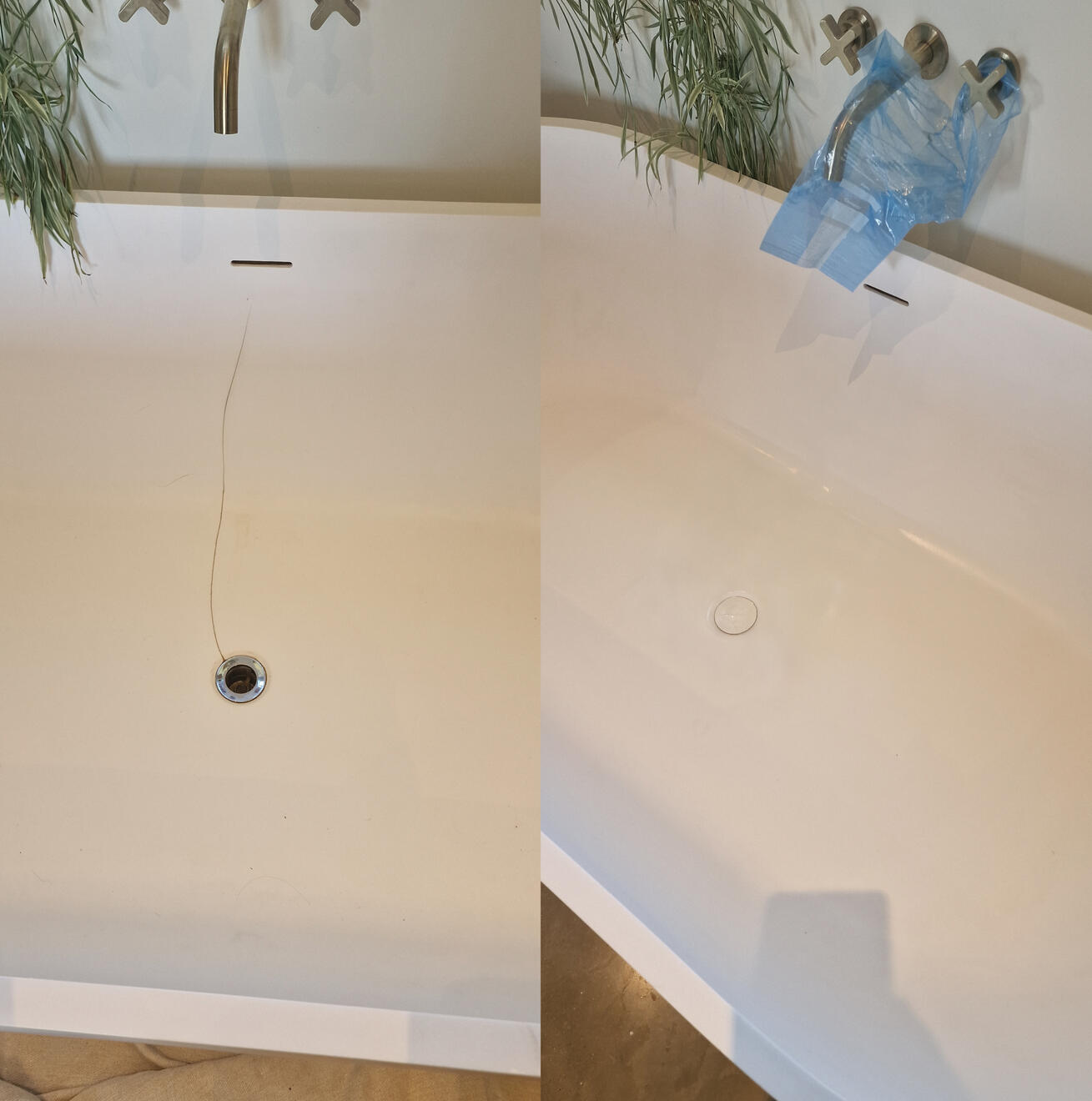 before and after pictures of a stone resin acrylic bath crack repair in Bristol home