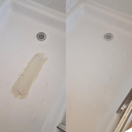 Giant shower tray crack repair done in Bristol. Before & after