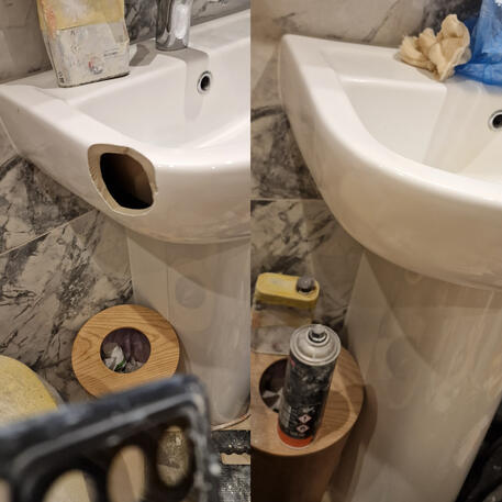 Big hole in a ceramic sink. Repaired to look like nothing had happened this bathroom repair was completed in Bristol