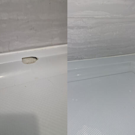 Before and after picture of a shower tray chip repair completed in Bristol